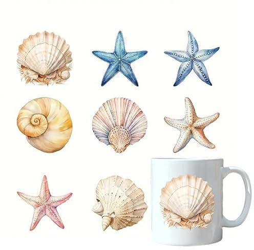 8pcs Shells Starfish Conch Cup Wraps UV DTF Transfer Waterproof Sticker for Glass Cups Furniture Craft DIY Crafts,Rub on Transfer Stickers for DIY Water Bottle Laptop Decal Wood Car