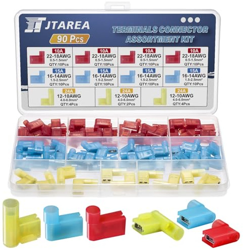 JTAREA Flag Isolerad honterminal Helt isolerade kontakter 90 graders nylonspadterminaler Trådkontakter 22-18 16-14 12-10 AWG Spadeterminaler (röd 40 blå 40 gul 10)