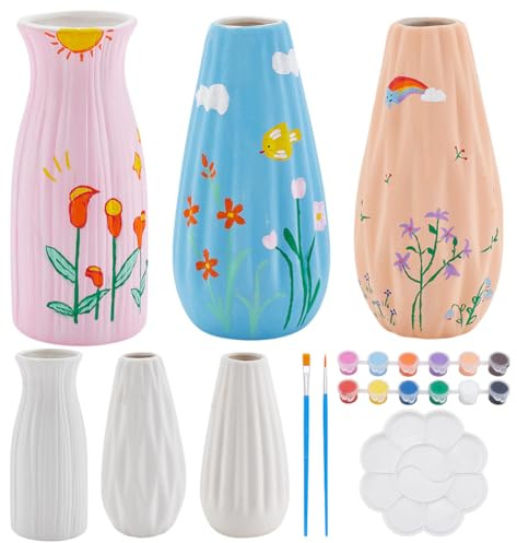 WEBEEDY 3 Sets Ceramic Painting Kit for Adults Vase Pottery Painting Kit Unpainted Vase with Rhombus Edge Paint Your Own Vases for Art Paint Party Birthday Gift Fun Activity Desk Home Decor (3 Shapes)