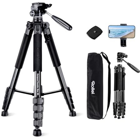 Rollei Compact Traveler Star S4, 188cm Kamera Stativ Leicht Kompakt aus Aluminium Fotostativ mit Kugelkopf für DSLR Dreibeinstativ für Smartphone mit Handyhalterung, Kamerastativ-Camera-Tripod