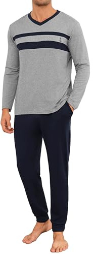 Marvmys Pijama Hombre Invierno Algodón Largo Conjunto Pijama para Hombre Cuello en V de Manga Larga Contraste con Bolsillo