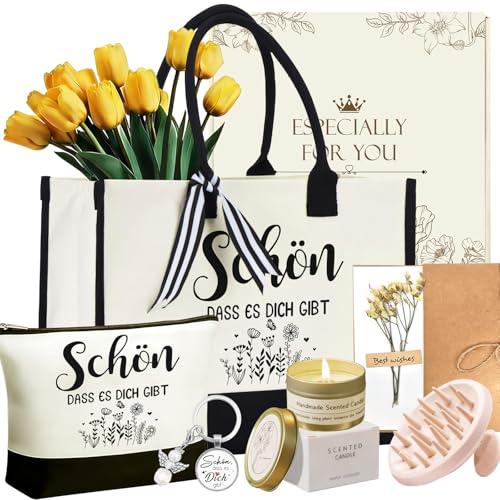Set De Regalo Para Mujer: Bolsa Tote De Lona, Neceser De Maquillaje, Vela Perfumada, Peine De Masaje Capilar, Llavero, Tarjeta De Regalo – Caja De Regalo Para Día De La Madre Aniversario Amiga Colega
