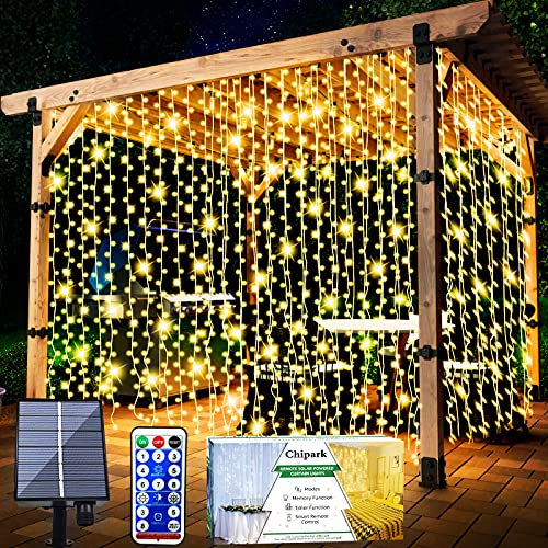 Chipark Solar Curtain Lights, Upgraded Garden Fairy Lights Solar Powered 300 LED 8 Modes Remote Control Waterproof Outdoor Curtain String Light for Gazebo Patio Party Festival Decorations(Warm)