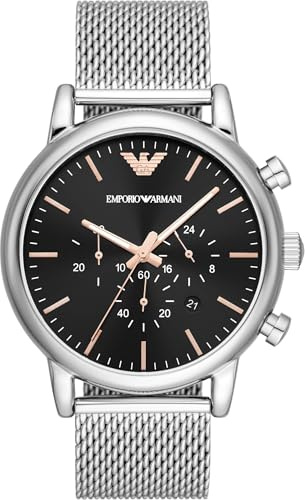 Emporio Armani herrklocka, kronografurverk och 46 mm boettstorlek med armband i rostfritt stål, läder eller silikon