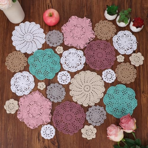 kilofly 26 centrini in cotone all'uncinetto, 4,6 - 20,1 cm, tovagliette multicolore fatte a mano