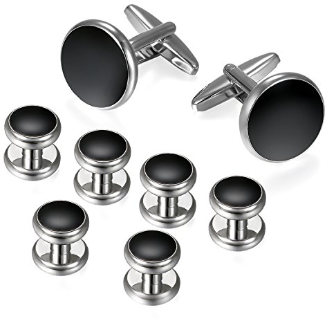 Bulckrew Lot de 8 boutons de manchette et clous de manchette pour homme, argentés, noirs, pour chemise de smoking d'affaires, mariage, Saint-Valentin, taille unique, Laiton, Acier inoxydable.
