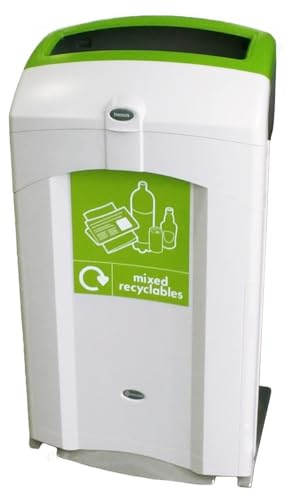 Glasdon Nexus 100 Mixed Recyclables Recycling Bin (Grey, Green Sticker) - 100 Litre Recycling Container for Mixed Waste - Streamlined Mixed Recycling Bin