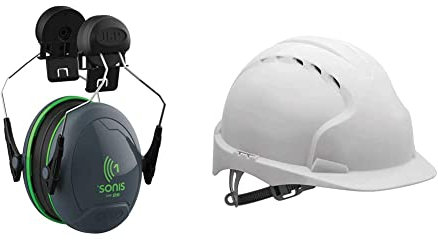 JSP Sonis 1 Helmet Mounted Ear Defenders - SNR 26 - (AEB010-0CY-800) & EVO2 Safety Helmet with Slip Ratchet - White - Vented AJF030-000-100, One Size AJF030-000-100-AMZ