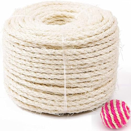 Naturel Blanc Remplacement Cordage Ancien pour Chats avec Une Paire de Gants de Protection pour Griffoir Chats l'arbre à Chat Pot de Fleurs Table de Jardin Corde en sisal Naturel 6mmx50m