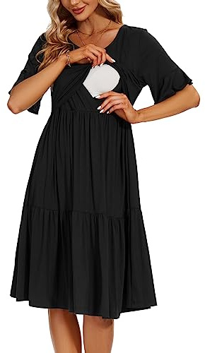 Smallshow Vestito Premaman Allattamento da Donna con Volant Manica Corta Vestiti per L'Allattamento, Nero, M
