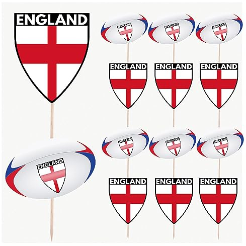 AK Giftshop England Flag Rugby Ball Food & Cupcake Picks Toppers Party Decorations, World Cup, Six Nations (14 Pack)