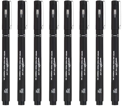 Uni Pin Fineliner - Rotuladores de dibujo, tinta negra, punta de 0,1 mm (8)