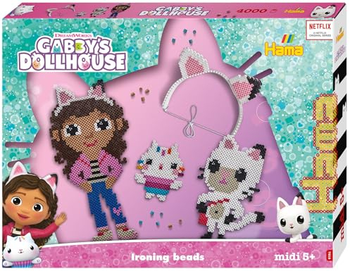 Hama Perlen 7918 - Bügelperlen Geschenkset, Gabby's Dollhouse, mit ca. 4000 Midi Bastelperlen im Durchmesser von 5 mm, kreativer Bastelspaß für Groß und Klein