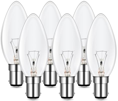 Caldarax SBC B15 Small Bayonet Clear Candle Bulbs, C35 Candle Light Bulb, Dimmable Warm White 2700K, 400 Lumen, Small Bayonet Light Bulb, for Chandeliers, Desk Lamp, Ceiling Fixture, 6 Pack