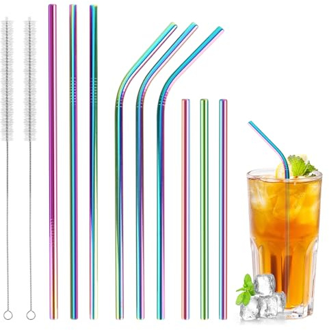 XCRPRT 12 Colorati Cannucce in Acciaio Inox set, Cannucce Riutilizzabili, per Frappè Cocktail Succhi con 2 Spazzole per Pulizia Lavabili in lavastoviglie