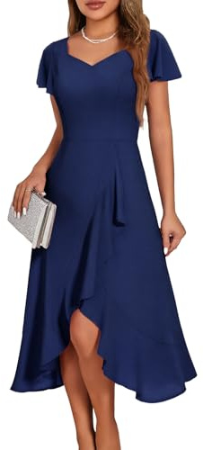 HomRain Women’s Ruffle Sleeves Wedding Guest Prom Dress Ruffle Split Formal Cocktail Vintage Dresses for Women Evening Graduation Party Navy L