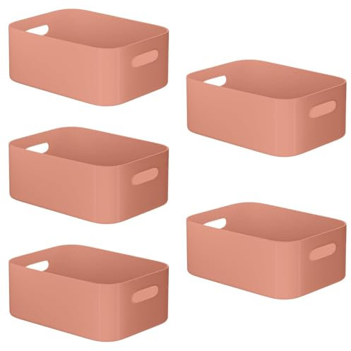 W&H 5 PCS Plastic Storage Baskets with Handle, Medium Kitchen Cupboard Boxes, Storage Baskets for Shelves, Plastic Boxes for Bathroom, Kitchen, Office and School -25×17×10cm (Pink)
