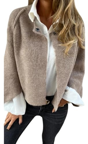 PNZLZIA Manteau en Laine à Manches Longues et col Rond pour Femme, Veste Cardigan en Cachemire Doux et Chaud, Manteau Court en mélange de Laine pour Femme