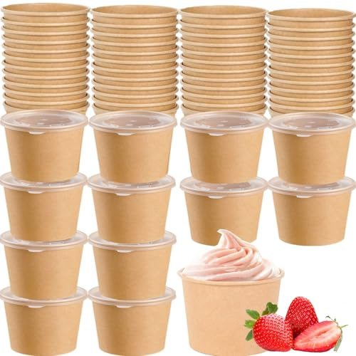 CEZOOWYEX 100 Pack Paper Food Containers with Lids, 8 Oz Cardboard Ice Cream Portion Cups, Reusable To Go Hot Soup Bowls for Christmas Thanksgiving Gathering, Brown