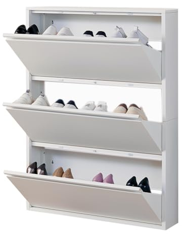 iCHENGGD Shoe Storage Cabinet with 3 Flip Drawers, Hidden Slim Narrow Shoe Rack Cabinet, Wall Mount Metal Shoe Cabinet for Entryway, White