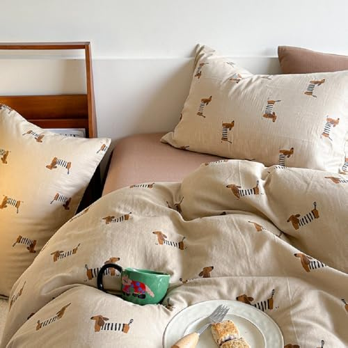 Lanqinglv Ropa de cama de 135 x 200 cm, 4 piezas, para niños, diseño de perro salchicha, color marrón claro, ropa de cama de microfibra, con certificado Öko-Tex
