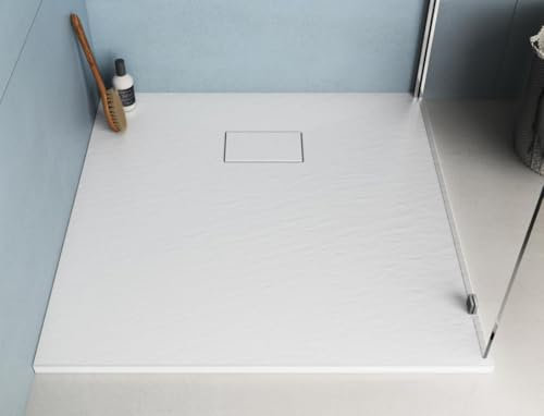 PIATTO DOCCIA EFFETTO PIETRA ARDESIA SMC RESINA BEIGE TORTORA NERO ANTRACITE BIANCO GRIGIO 80X80 CM QUADRATO - PILETTA INCLUSA (Bianco)