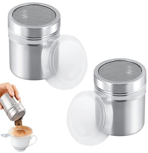 2 spargitore per zucchero a velo, in acciaio inox, spargitore per zucchero a polvere, con coperchio salvafreschezza, spargitore per cacao, caffè, cioccolato, zucchero, sale, farina