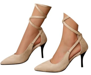 Minetom Escarpins Femme Aiguille Talon Chaussure À Bouts Fermé Pointus pour Ceremonie Mariage Soirée Fête Bal High Heels À Lacets A1 Abricot 39 EU