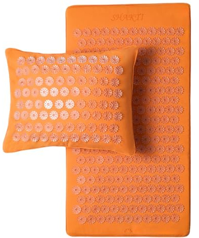 ShaktiMat [La original] Esterilla y Almohada de acupresión - Algodón orgánico - Fabricación ética - Relajación y masaje en la espalda, la cervical, los piernas, los pies - Amber Naranja