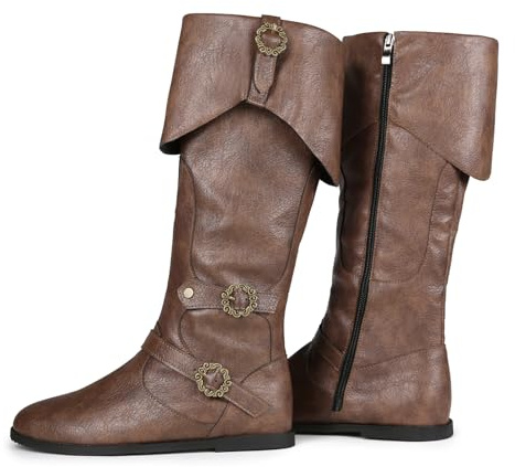 Galindopia Unisex Renaissance Faire Cosplay Scarpe Vintage Stivali Medi Fold Over Medieval Uomo Costume Witch Pirate Viking Tied Scarpe Piatto Victorian Stivali Brown Size 47