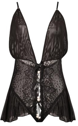 HOTSO Femme Babydoll One-Piece Lingerie Transparente Body Dentelle sous Vêtements Ouverte Décolleté en V Dos Nu Licou Teddy Nuisette Avec des perles Tenue Sexy Hot Jumpsuit Bodysuit