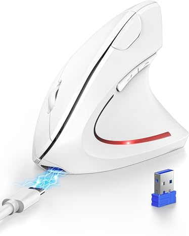 TECKNET Ergonomische Bluetooth Maus, Wiederaufladbar Kabellose Vertikale Maus (BT 5.0/3.0 + 2.4G), 6 Einstellstufen bis 4800 DPI, Optische Leise funkmaus für Windows, MacOS, Android, iPadOS, Weiß