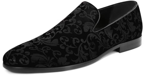 YFFUSHI Mockasiner för män lyx broderade låga loafers komfort slip-on platta skor för bröllop ceremoni, svart, 44 EU