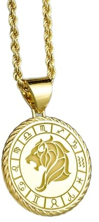 Collar de plata de ley 925 de 26 mm | Cadena de 45 cm | Colgante del zodiaco Leo | Medallón de cuerda del horóscopo | Signo Leo | Joyería astrológica | Disco de signo zodiacal | Baño de oro | 00196