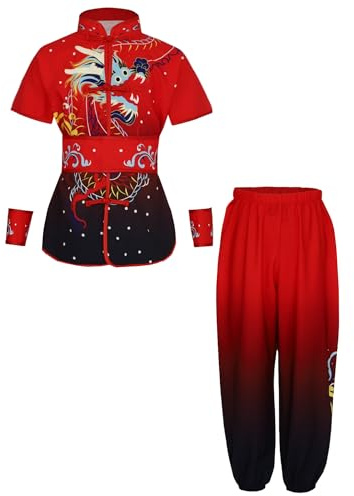 Kinder Jungen Tai Chi Uniform Langarm Kung Fu Shirt mit Wushu Hose Chinesisch Kung Fu Wing Chun Stickerei Kostüm Set Sport C Rot Schwarz 158-164