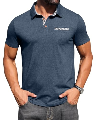 Hisir pikétröja, herr, kortärmad, bomull, stretch, pikétröja, skjorta med rutig krage och bröstfickdetalj, sommar, avslappnad t-shirt för män, affärer, fritid och golf