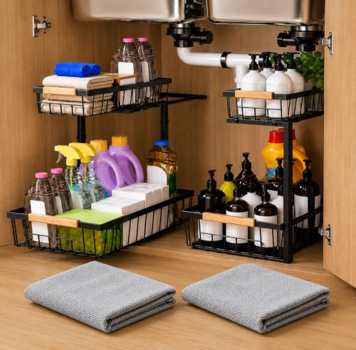 DIGRESO Pack 2 Organizadores Bajo Fregadero Ajustable (28-42cm) con 2 Paños Microfibra · Estantería Metálica para Cocina y Baño · Diseño Especial para Sifón y Tuberías en U · Color Negro