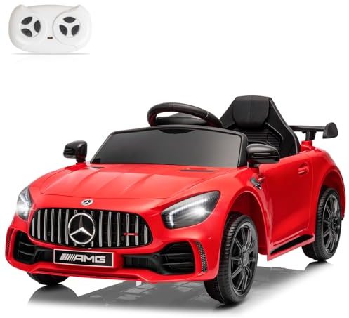 LALAHO Coche Eléctrico para Niños Mercedes AMG GTR 12V con Doble Motor, 3-5 km/h, Coche Eléctrico para Niños de 3 a 5 Años, MP3, Control Remoto (Rojo)