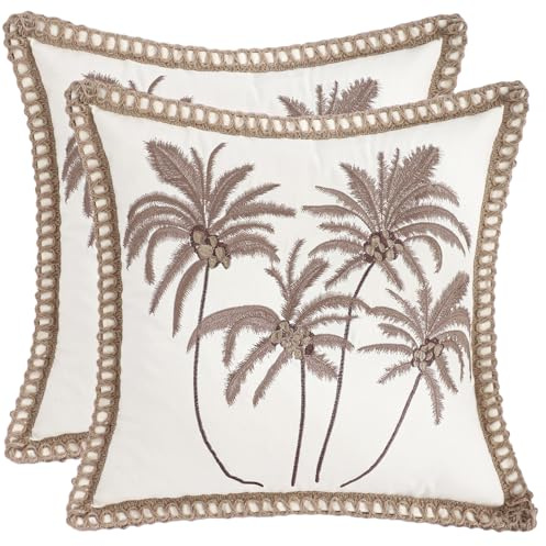 Tosleo Juego de 2 fundas de cojín de verano de 45 x 45 cm, diseño de palmera bordada, color marrón, hojas tropicales, con bordes cerrados, para sofá, dormitorio, granja, salón, decoración