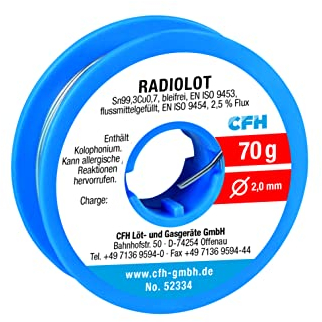 CFH Radiolot RL 334 – Lötzinn Ø 2,0 mm, 70 g, flussmittelgefüllt, bleifrei, Lot für Feinlötungen, Klempnerarbeiten, Fernmeldebau und allgemeine Lötarbeiten, hochwertige Qualität, Made in Germany