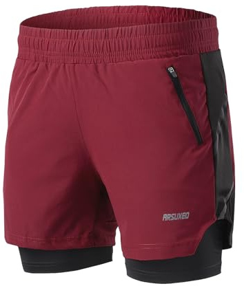 ARSUXEO Short de Course Actif 2 en 1 pour Hommes avec 2 Poches zippées B191 Rouge M