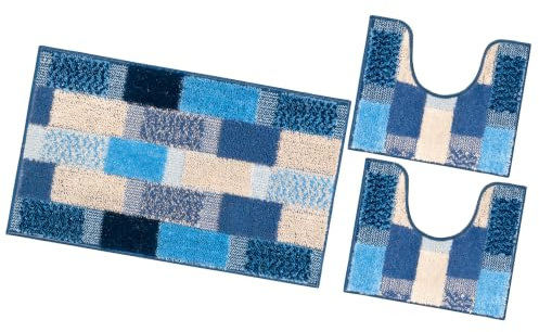 emmevi Tappeto Bagno Parure Morbido Girowater Antiscivolo Assorbente Lavabile mod.LILLA SET 3 PEZZI BLU