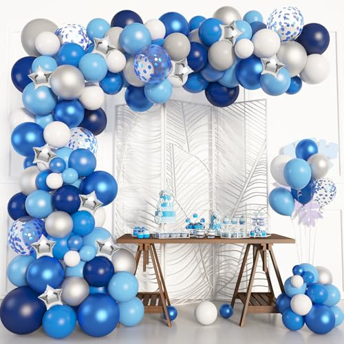Amandir Navy Blue Balloons Arch Garland Kit, 144Pcs Royal Light Blue Confetti Silver Star Foil Balloons for Blue Birthday Baby Shower Wedding Graduation Party Decorations Supplies