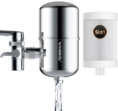 WINGSOL Stainless Steel Water Filter for Sink Faucet, NSF/ANSI 42&53, 360° Rotating Tap Purifier, Reduce Heavy Metals 99.6% Lead, Improve Taste, 250 Gallons Mineral pH+ Water, Reinforced Housing