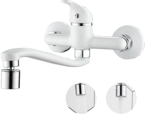 Maynosi Wandmontierte Küchenarmatur, Küchenmischer mit 2 Funktions Brause, Küche Spüle Einhebelmischer, 360° Drehbar Lange Ausführung für Küche, Messing (Weiß)