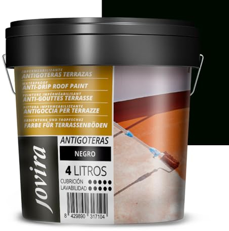 JOVIRA PINTURAS Impermeabilizante Antigoteras, Terraza Antigoteras Caucho Elástica, pintura de terrazas, evita filtraciones en todo tipo de cubiertas y terrazas. (4 Litros, Negro) A-43