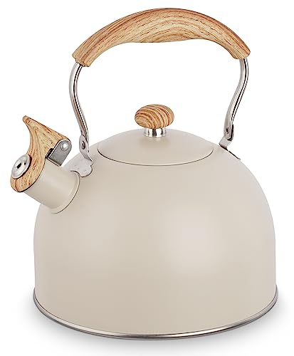 Whistling Kettle, 2.5L Stainless Steel Stove Top Whistling Tea Kettle with Wood Grain Handle, Teapot for Gas Hobs, Induction, Cooker and Electric Hobs (Beige)