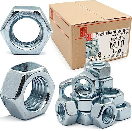 Sechskantmutter M10-1 Kg (ca.100 Stk.) Festigkeit 8 Verzinkter Stahl, Regelgewinde DIN 934 Muttern für Schrauben, Metrisches Mutter für Gewindebolzen, Sechskantmuttern für Gewindestangen