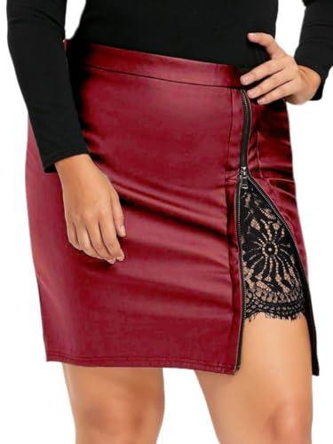 Onsoyours Gonna Corta Donna Pizzo Spacco Gonna in Pelle Pu Sexy Vita Alta Bodycon Mini Gonna con Cerniera Casual Clubwear Dress Elegante Abito da Festa A Vino Rosso XL