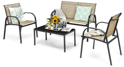 GIANTEX 4 delar. Trädgårdsmöbler, loungeset, set med soffbord och trädgårdsbänk och 2 matstolar, textil, balkongmöbler, set om 4 personer, utemöbler, trädgård, sittgrupp, sittset (brun)